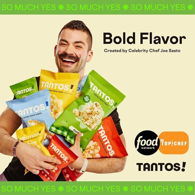Tantos! Puffed Pasta Chips, Healthy Pasta Snack by Top Chef Joe Sasto, As Seen on Shark Tank, Plant Based, Low Calorie, Crunchy Chips, Variety Pack, Marinara, Pesto, Cacio e Pepe, Classico, Gourmet Bold Flavors, 4 oz 2 Pack of Pesto