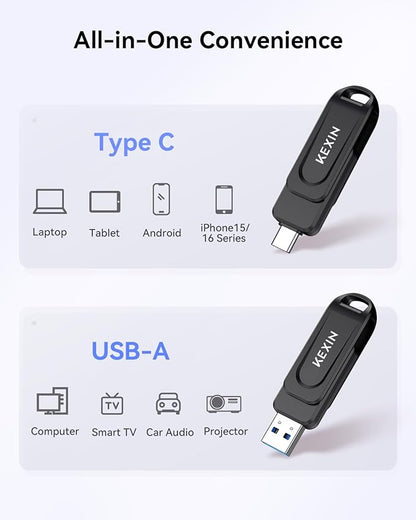 KEXIN 256GB Flash Drive Dual USB C Thumb Drive USB-A & Type-C 100MB/s Swivel USB Drive 256GB for Tablet iPhone 15/16 Car Game Console, Black