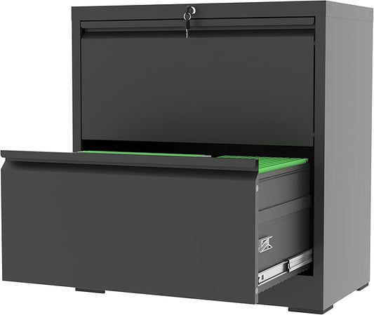 2 Drawer File Cabinet with Lock, Black Metal Lateral Filing Cabinets for Home Office, Heavy Duty Steel Horizontal Locking Storage Cabinet for Legal/Letter/A4 Size File, Assembly Require