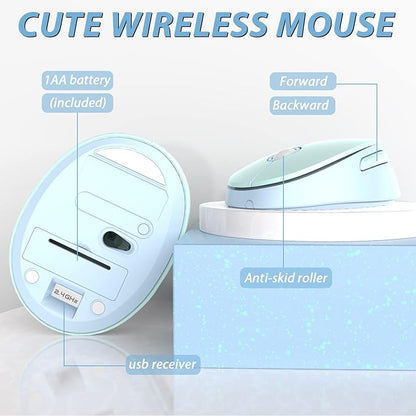 Wireless Keyboard and Mice Combo,Retro Round Keys Full-Sized Cute Keyboard, 2.4Ghz Dropout-Free Connection and Optical Mouse for Windows, Mac, PC, Laptop, Desktop (Blue-Colorful)