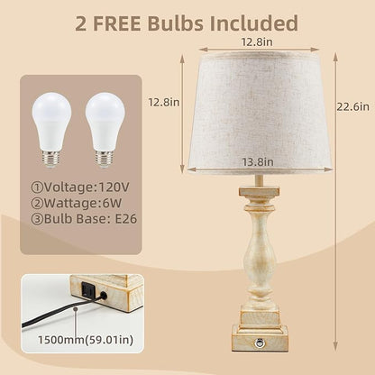 Touch Lamps for Bedroom Set of 2,Bed-Side Table Lamps with 2 USB Ports, Bedroom Lamps with 3-Way Dimmable,23" Tall Table Lamps for Living Room/Night-Stand, Bonus 2 Bulbs