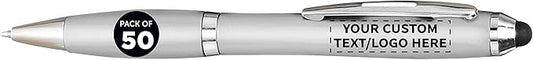 DISCOUNT PROMOS Custom Plastic Stylus Pens Set of 50, Personalized Bulk Pack - Black Ink, Great for Office, School, Business, Tradeshows, Events - Silver