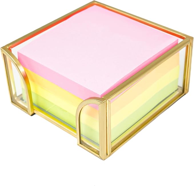 Sticky Note Holder Glass Post It Note Dispenser, 3 x 3 Inch Gold Sticky Note Dispenser, Stylish Post It Holder for Desk Home Office Decor