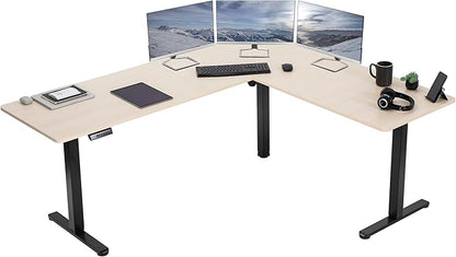 VIVO Electric Corner 75 x 63 inch L-Shaped Standing Desk, Memory Height Adjustment, Light Wood Top Black Frame, DESK-E3CTBC-75