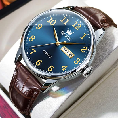 OLEVS Mens Watches Vintage Leather Band Dress Classic Easy Reader Arabic Numerals Analog Quartz Waterproof Date and Day Blue/Black/White Large Face Men's Wrist Watches