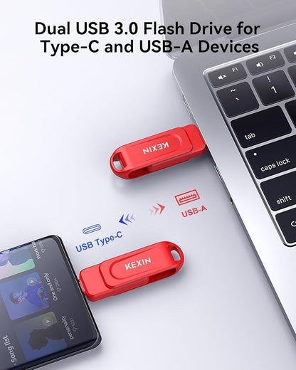 KEXIN 256GB Flash Drive Dual USB C Thumb Drive USB-A & Type-C 100MB/s Swivel USB Drive 256GB for Tablet iPhone 15/16 Car Game Console, Red