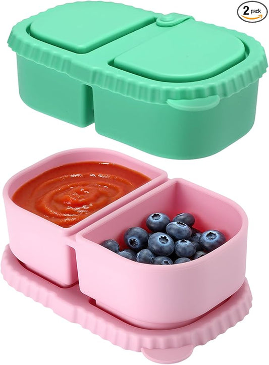 Alphatool Reusable Silicone Snack Containers - 8.5Oz 2 Compartments Snack Box with Lids, Safe Portable for Kids Toddler School Snack Fruit Lunch Sauce Condiments, 2Pcs