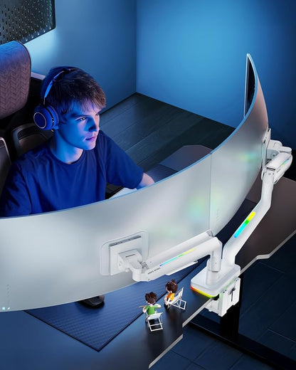 ARES WING Dual Monitor Mount for 17-35 Inch Ultrawide Heavy Duty Curved Screen, Computer Monitor Arm Desk Mount, Gas Spring Adjustable Dual Monitor Stand for Desk, White
