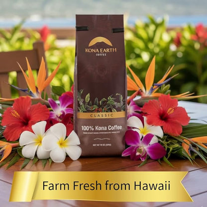 KONA EARTH 100% Kona Coffee, Classic Dark Roast, Whole Bean, 1 lb (16oz) Farm-Direct Authentic Hawaiian Kona Coffee beans from Hawaii’s Big Island, Micro-Batch-Roasted