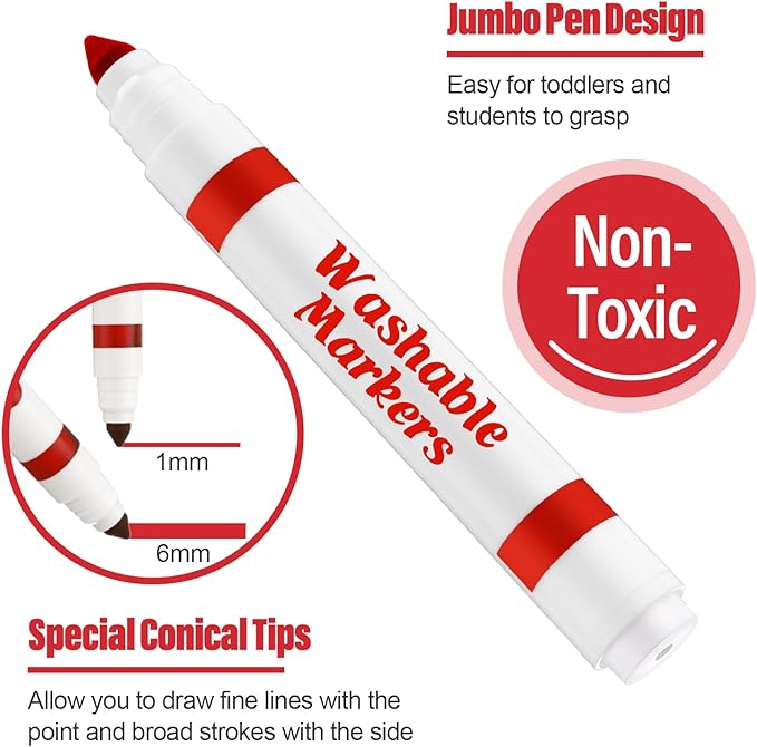 Janlaugh 36 Pcs Red Washable Markers Bulk Coloring Broad Line Markers for Kids Red Conical Tip drawing pen for School Supplies, travel Art baby shower gender reveal party Supplies, Ages 6+