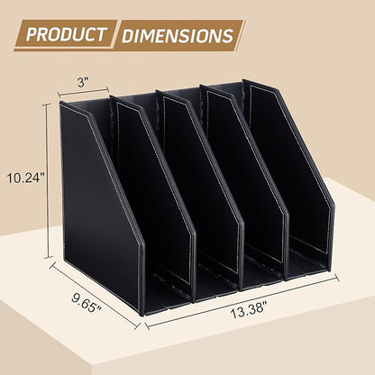 GORESE Collapsible Magazine File Holder, PU Leather Vertical File Folder Organizer for Desk with 4 Compartments, Magazine Holder Binder Storage Clipboard Rack File Sorter for Office Home School, Black
