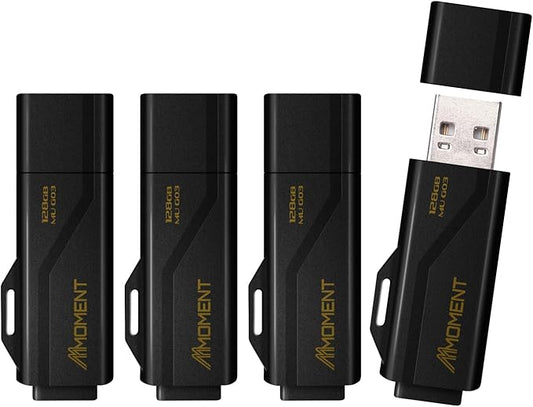 Moment 128GB (4 Pack) MU G03 USB Flash Drive 4-Pack – USB 3.2 Memory Stick with Protective Cap and Keychain Loop, Up to 100MB/s Read, 30MB/s Write – Plug & Play USB Drive for PC, Mac, TV, Car
