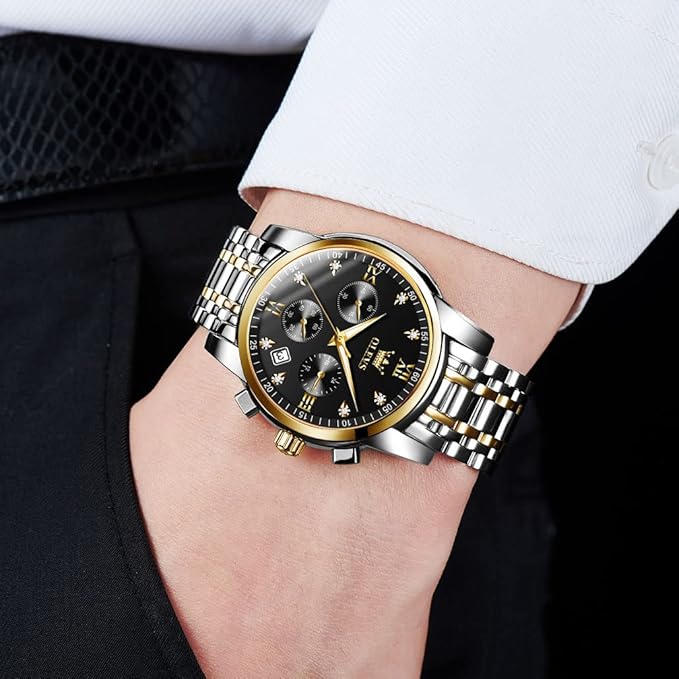 OLEVS Men's Stainless Steel Chronograph Watch, Big Face Gold Silver Black Tone Easy to Read Analog Quartz Watch, Luxury Waterproof Date Diamond Roman Arabic Numerals Dial Dress Watch for Men