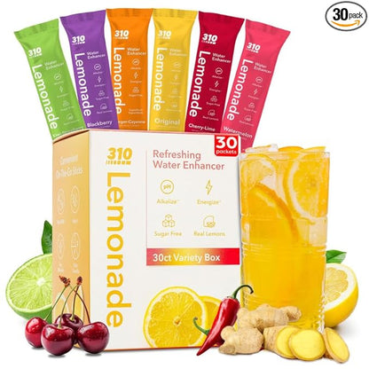 310 Nutrition Lemonade Sugar-Free Water Flavoring Packets - Powdered Drink Mixes & Flavorings with Alkalizing Minerals - Water Enhancer Packets for Energy & Instant Hydration - Variety 30 Singles