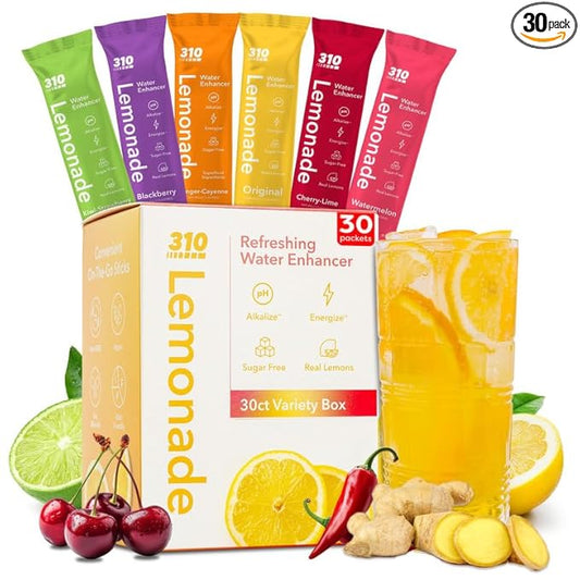 310 Nutrition Lemonade Sugar-Free Water Flavoring Packets - Powdered Drink Mixes & Flavorings with Alkalizing Minerals - Water Enhancer Packets for Energy & Instant Hydration - Variety 30 Singles
