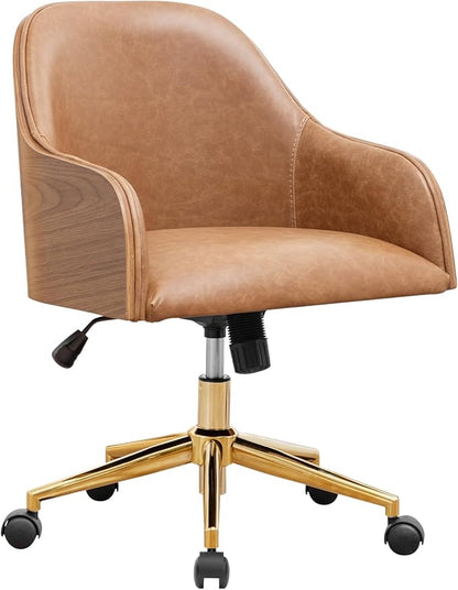 Genuine Leather Office Desk Chair, Adjustable Height Small Modern Comfortable Walnut Vanity Chair, Gold Legs Mid Back 360 Swivel for Home Office, Bedroom, Study, Meeting Room(Vintage Brown)