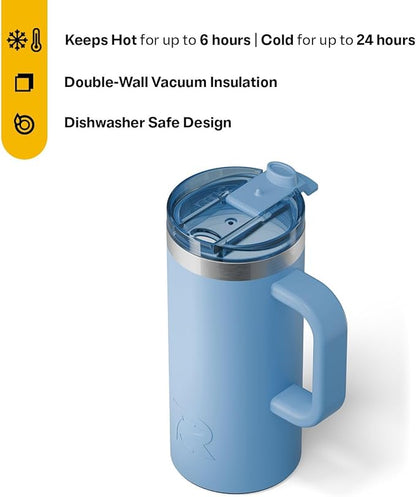 RTIC 16oz Road Trip Travel Mug with Lid and Handle, Insulated, Stainless Steel, Metal, Double Wall Vacuum-Insulation, Ceramic Lined, Portable Coffee, Tea Cup for Hot and Cold Drink, Denim