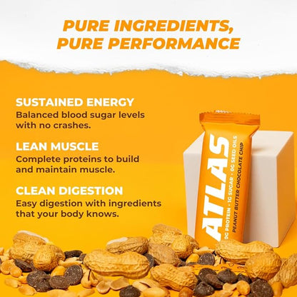 Atlas Bar – 20g Protein, 1g Sugar, 0g Seed Oils, 0g Artificial Sweeteners (12 Count, Peanut Butter Chocolate Chip)