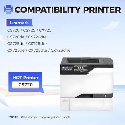 74C10K0 74C10C0 74C10M0 74C10Y0 Toner Cartridge Set 4-Pack High Yield With Chip Replacement Compatible for Lexmark CS720 CS725 CX725 CS720de CS720dte CS725de CS725dte CX725de CX725dte CX725dhe Printer