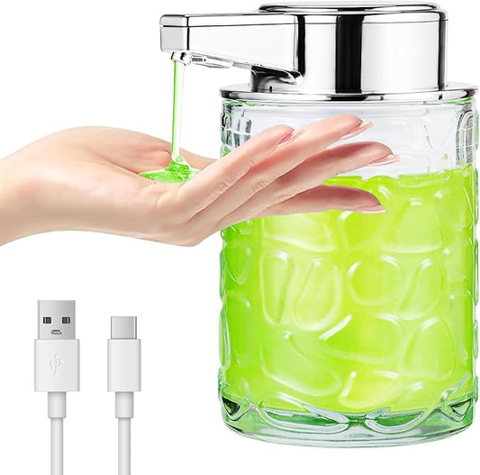 Automatic Touchless Soap Dispenser, Glass Sensor Hand Sanitizer Dispenser with 1800mAh Rechargeable Battery, Waterproof Design for Kitchen & Bathroom (Silver Gel Type)