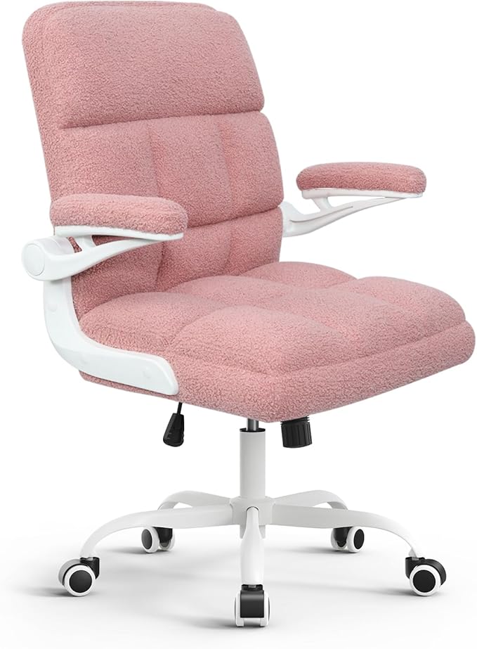 Office Chair with Wheels, Ergonomic Computer Desk Chair with Flip-up Armrest, Adjustable Rolling Swivel Chair Teddy Fleece – Dusty Pink