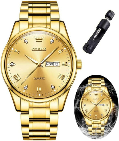 OLEVS Men's Luxury Watch Waterproof Luminous Easy Read Chronograph Watches Full Gold/White Dail/Black Face with Calendar Wristwatch
