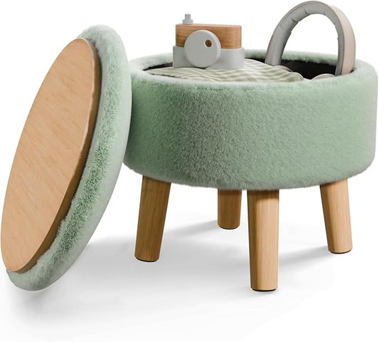 Poofzy Small Ottoman with Storage, Small Foot Stool Ottoman with Wood Legs, Faux Fur Foot Rest for Couch, Living Room and Bedroom - Light Green