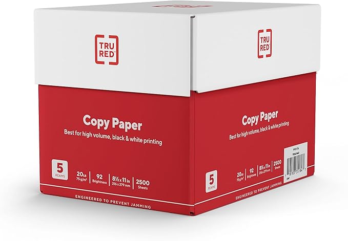 TRU RED Copy Paper, 8.5" x 11" Sheet Size, 92 Brightness, 20 lbs., Smooth Finish White Paper (500 Sheets/Ream, 5 Reams/Carton)