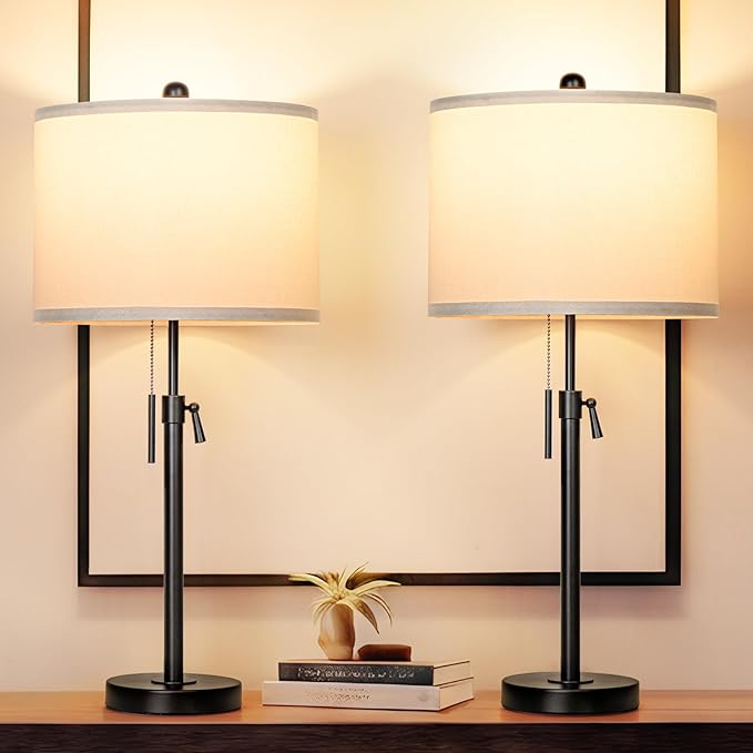 Black Table Lamps for Bedrooms Set of 2: 22" to 30" Height Adjustable Nightstand Lamps with White Linen Shade | Pull Chain Switch | Metal Base 丨3 Color Temperatures Included Beside Lamp (Black)