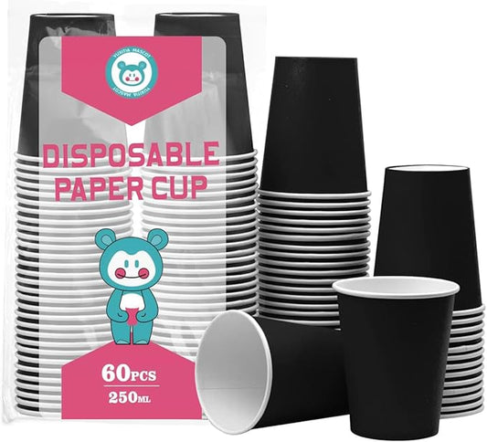 Black Disposable Paper Cups,60pcs Paper Cups For DIY Wedding Party Picnic BBQ Travel and Event 8OZ (Black)