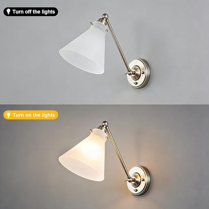 Industrial Vintage Slope Pole Wall Mount Single Sconce with Funnel Flared Clear Glass Shade, Swing Arm Wall Sconce Light Lamp Fixture Hardwired