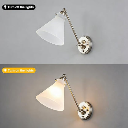 Industrial Vintage Slope Pole Wall Mount Single Sconce with Funnel Flared Clear Glass Shade, Swing Arm Wall Sconce Light Lamp Fixture Hardwired