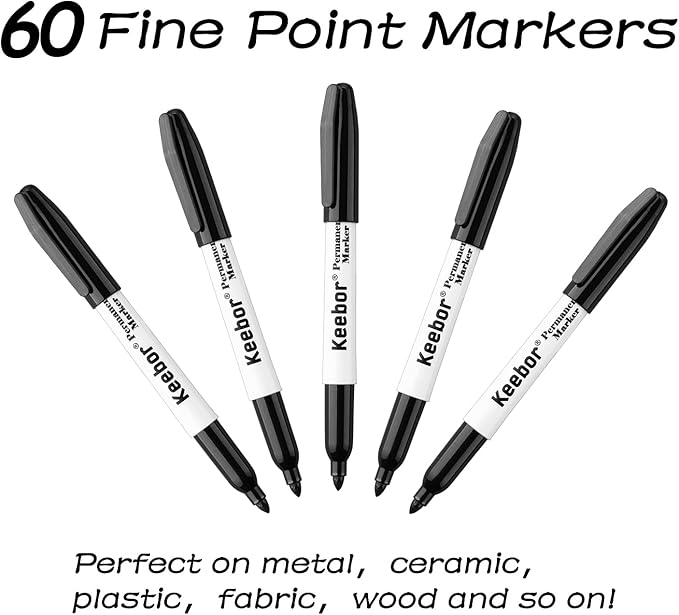 Permanent Markers Bulk, 60 Pack Black Permanent Markers, Quick Drying & Fade Resistant, Fine Point Marker Set for Wood, Plastic, Paper, Metal