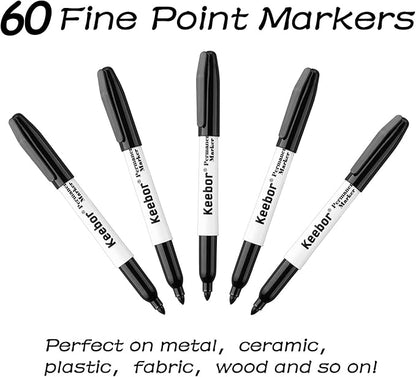 Permanent Markers Bulk, 60 Pack Black Permanent Markers, Quick Drying & Fade Resistant, Fine Point Marker Set for Wood, Plastic, Paper, Metal