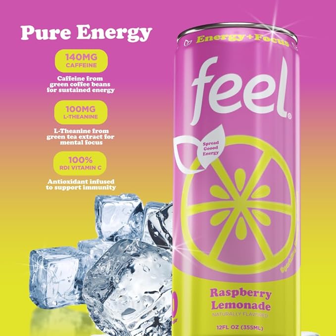 FEEL Zero Sugar Natural Energy Drink – Raspberry Lemonade, 140mg Plant-Based Caffeine with L-Theanine for Focus, Vitamin C for Immunity, Vegan, Non-GMO, No Artificial Sweeteners, 12 Fl Oz Cans (12-Pack)