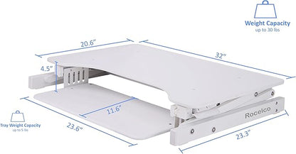 Rocelco 32" Height Adjustable Standing Desk Converter with Anti Fatigue Mat BUNDLE | Sit Stand Up Dual Monitor Riser | Computer Workstation | Large Retractable Keyboard Tray | White (R ADRW-MAFM)
