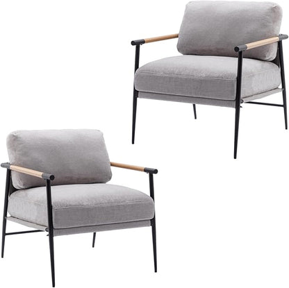 Mid-Century Accent Chair Set of 2, Soft Armchair Chenille Fabric Lounge Chair with Black Metal Legs, Upholstered Leisure Chair for Living Room Bedroom Reception Room, Grey