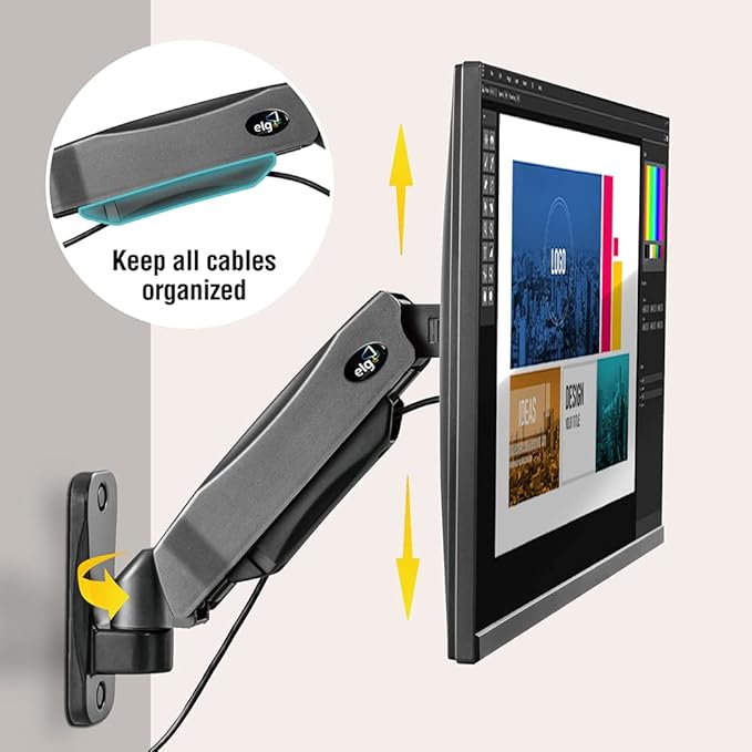 ELG Full Motion Swivel Monitor Wall Mount Stand Gas Spring for 17” to 35'' Display (4.4lbs to 19.8lbs Load), Arm Max Extension 15 inches, Computer Monitor Bracket, F410, Black