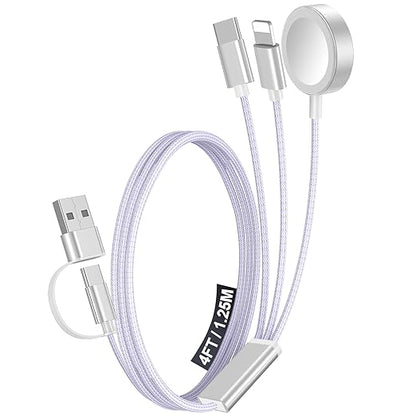 1Pack Multi Charging Cable Cord for Travel Essentials,Apple Watch Charger,iPhone Charger,[3-in-2] Type C/L Cable Portable Designed for iWatch,iPhone 17-8,Galaxy S25-21,AirPods,iPad-4FT Purple