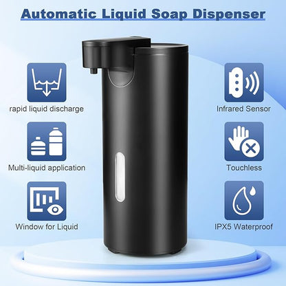 2 Pack Automatic Liquid Soap Dispenser, Touchless 12oz/340ml Stainless Steel Soap Dispenser, Motion Sensor Pump for Bathroom Kitchen Dish Soap, Hands-Free and Waterproof(Black)