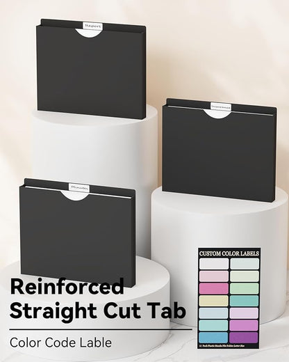 ANSOOK 1 Inch Plastic File Jackets, Manila File Folders Letter Size, Heavy Duty Expanding File Folders, Expansion Pocket, Reinforced Straight Cut Tab, 12 Pack, Black Folders for Office School Home
