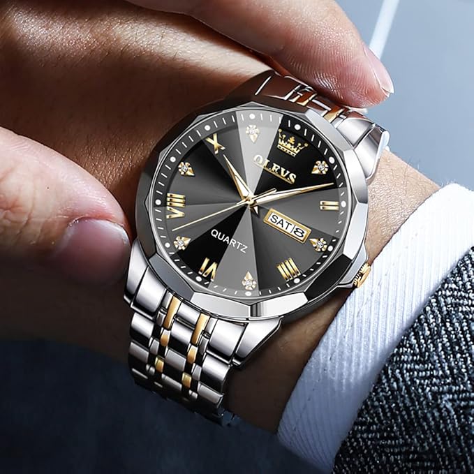 OLEVS Watches for Men Diamond Business Dress Analog Quartz Stainless Steel Date Luxury Casual Fashion Wrist Watch Waterproof Luminous