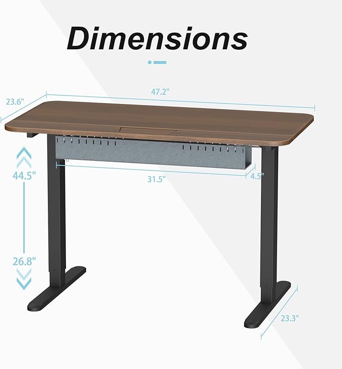 Standing Desk with Cable Management Tray, 48"x24" Electric Height Adjustable Sit Stand Desk, Memory Presets, Anti-Collision, Workstation for Home Office, Walnut Top Black Frame