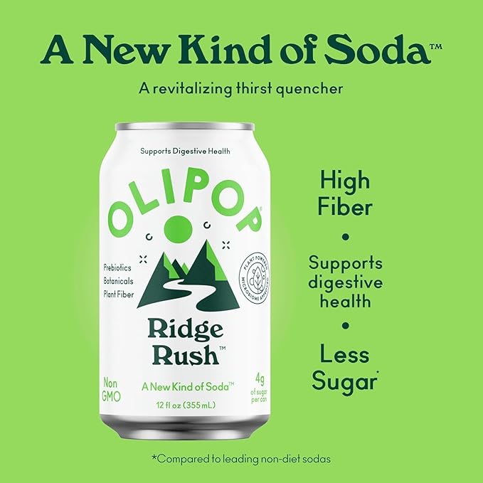 OLIPOP Prebiotic Soda Pop, Ridge Rush, Pantry Pack Packed with Prebiotics, Fiber, and Botanicals, Gluten Free, Vegan, GMO Free, 12oz (12-Cans)