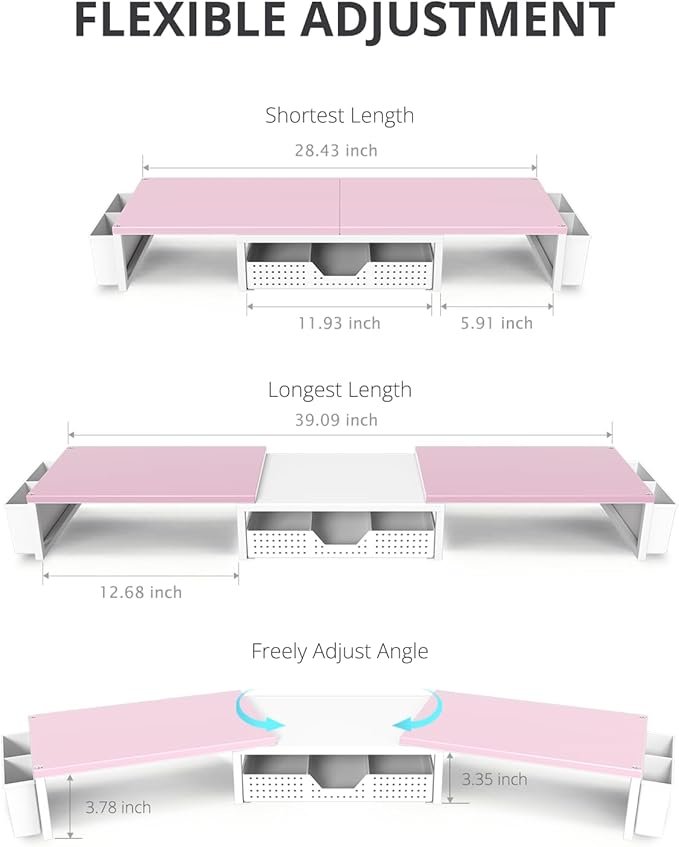 OPNICE Desk Dual Monitor Stand Riser - Desk Organizer with Drawer and Pen Holders, Office Desk Accessories & Workspace Organization, Computer Monitor Stand for Laptop, Printer(Pink＆ White)