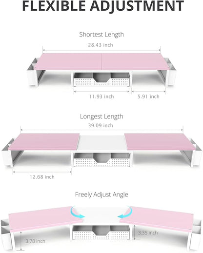 OPNICE Desk Dual Monitor Stand Riser - Desk Organizer with Drawer and Pen Holders, Office Desk Accessories & Workspace Organization, Computer Monitor Stand for Laptop, Printer(Pink＆ White)