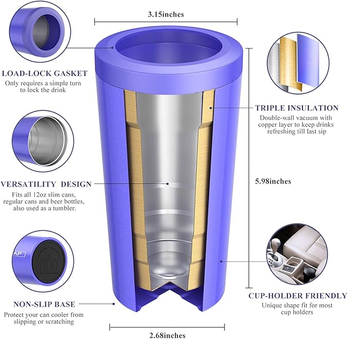 4 in 1 Insulated Slim Can Cooler for 12 OZ Cans and Beer Bottle - Keep 8 Hours Cold, Easy to Hold - Stainless Steel Can Holder, Double Walled Can Insulator for Hard Seltzer and More (Violet)