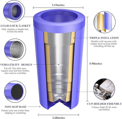 4 in 1 Insulated Slim Can Cooler for 12 OZ Cans and Beer Bottle - Keep 8 Hours Cold, Easy to Hold - Stainless Steel Can Holder, Double Walled Can Insulator for Hard Seltzer and More (Violet)