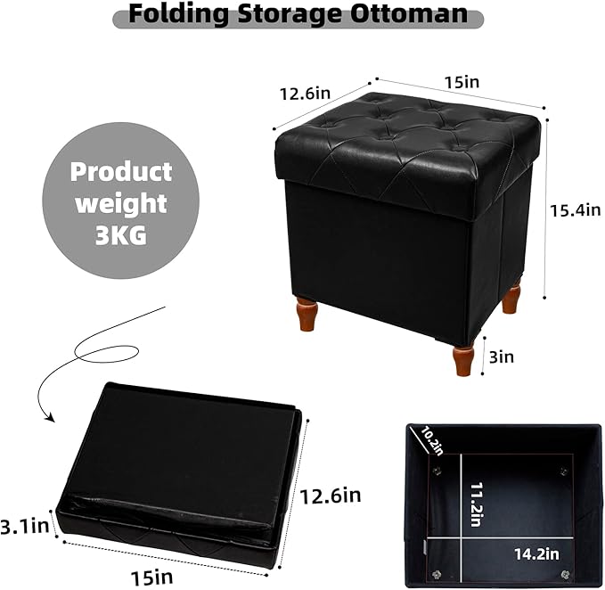 CAROLMADE Folding Storage Ottoman Cube PU Leather Footstool with Wood Legs Ottoman Footrest for Living Room and Bedroom Black, 15x12.6 x 15.4”