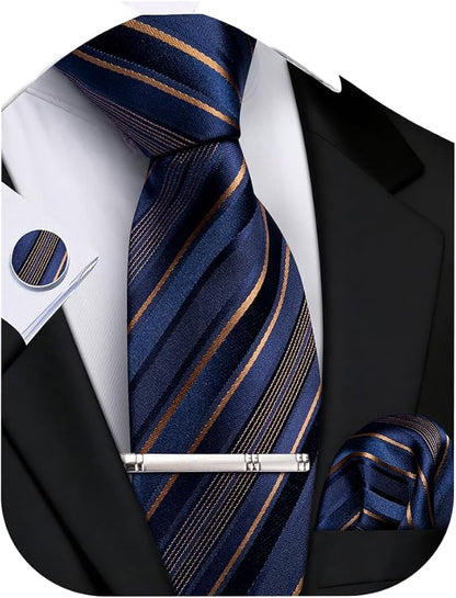 DiBanGu Mens Extra Long Tie 70inches Necktie and Pocktie Square Cufflinks Silk Ties for Tall Men with Tie Clip Wedding Party